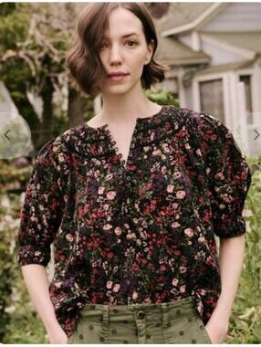 THE GREAT. THE STORYTELLER TOP BLACK FLORAL WOMENS SIZE 3 LARGE